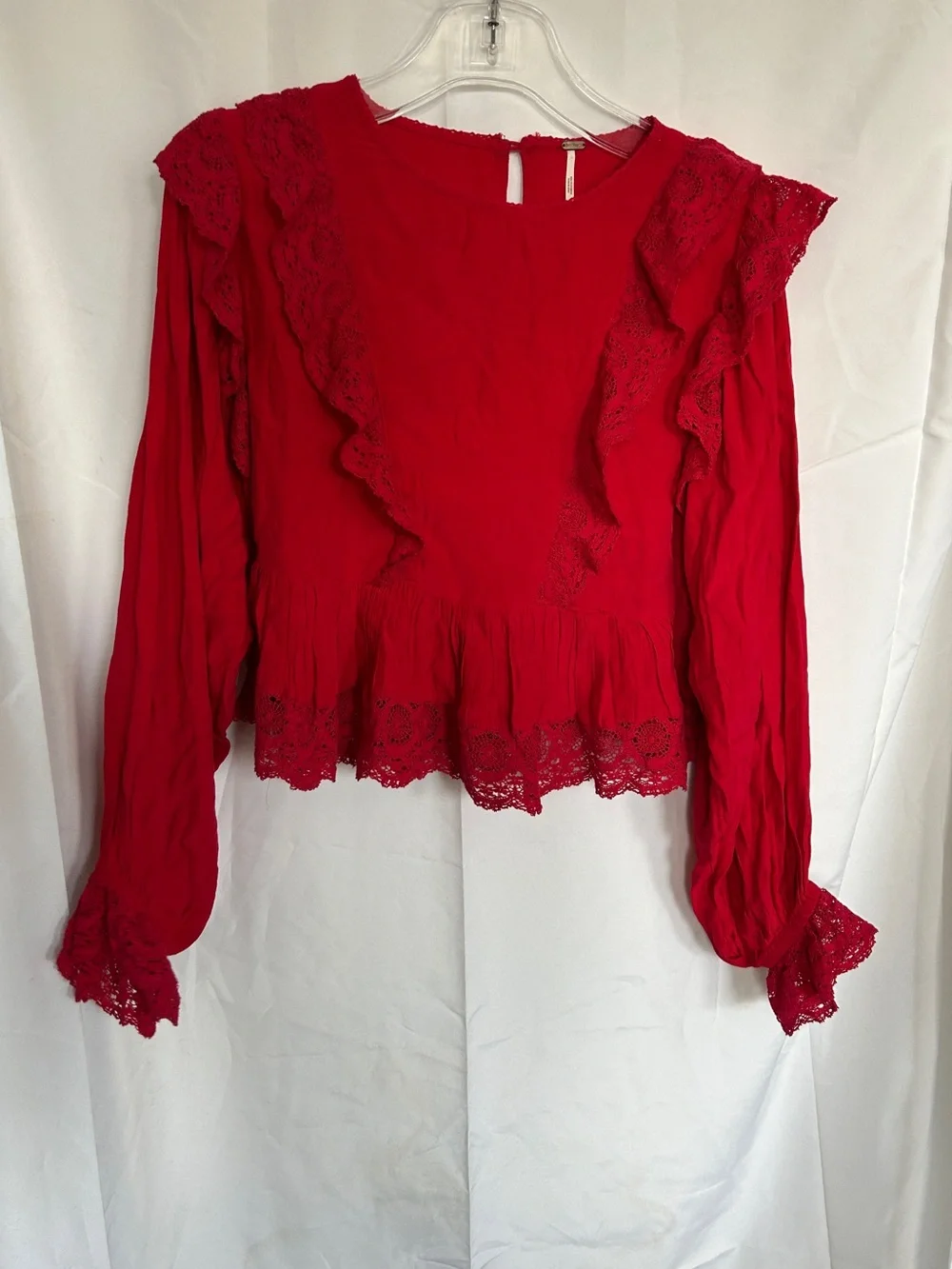 Free People Red Lace Trim Ruffle Blouse